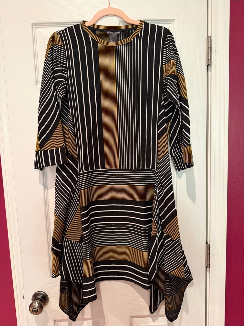 Chelsea & Theodore Black, Mustard and White Striped Asymmetric Long Sleeve Dress